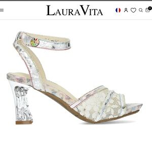 Avita Silver and Cream Lace Ankle-Strap Heels 35= 5 USA